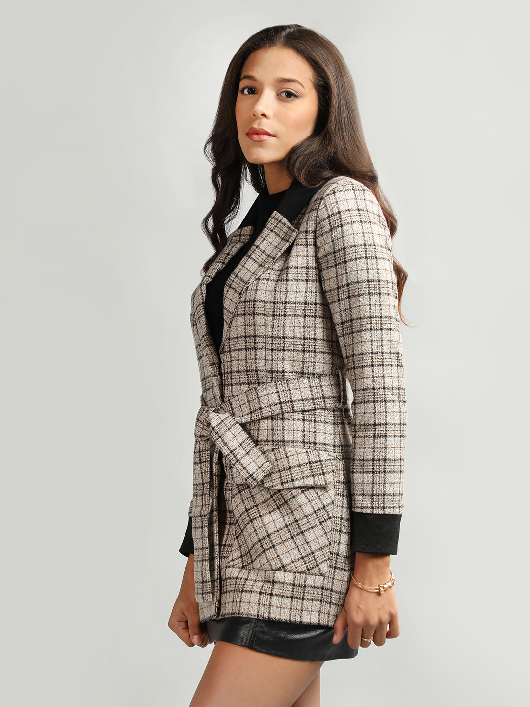 HONNETE Checked Notch Lapel Collar Regular Fit Casual Trench Coat