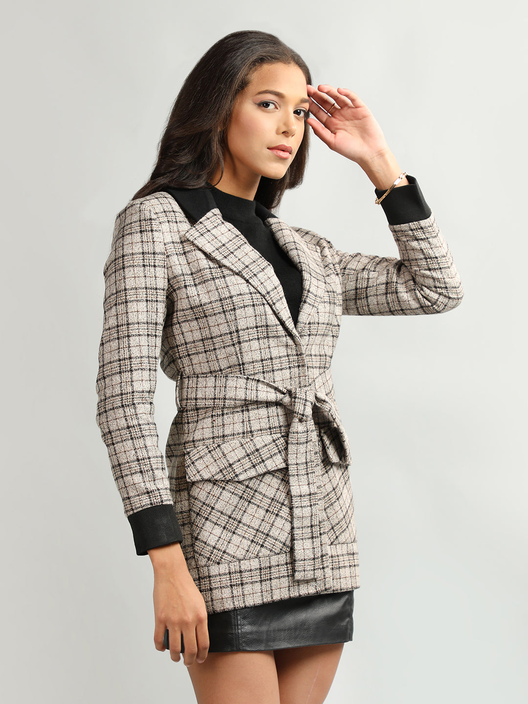 HONNETE Checked Notch Lapel Collar Regular Fit Casual Trench Coat