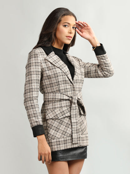 HONNETE Checked Notch Lapel Collar Regular Fit Casual Trench Coat