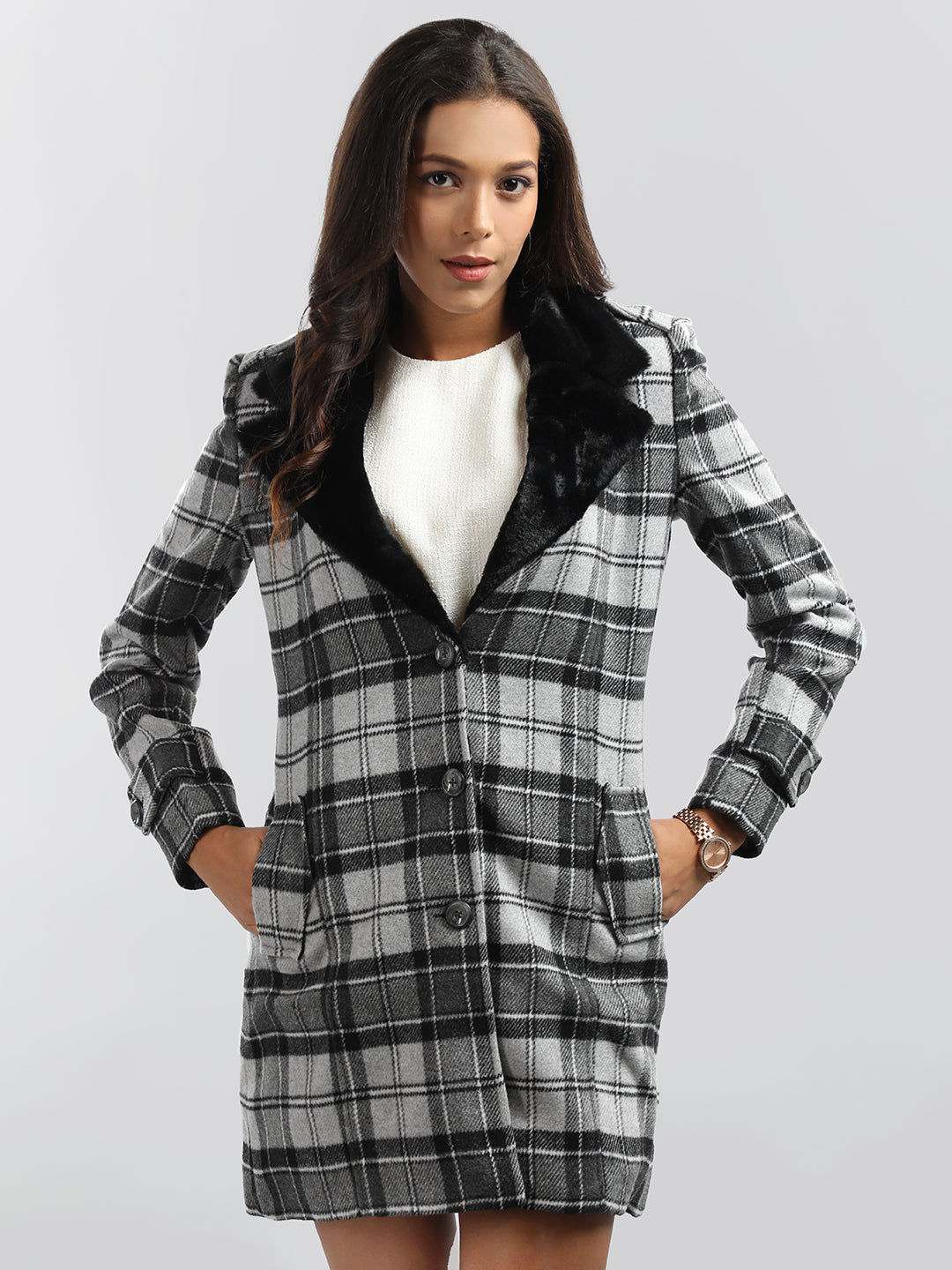 HONNETE Checked Single-breasted Trench Coat