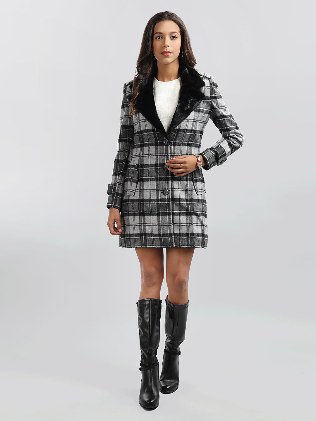 HONNETE Checked Single-breasted Trench Coat