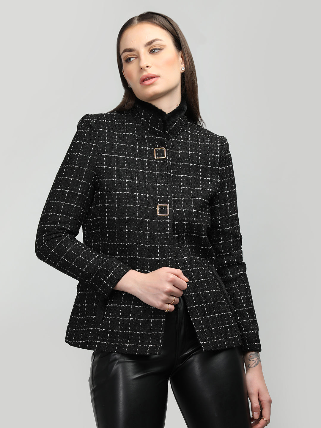 HONNETE Checked Stand Collar Coat