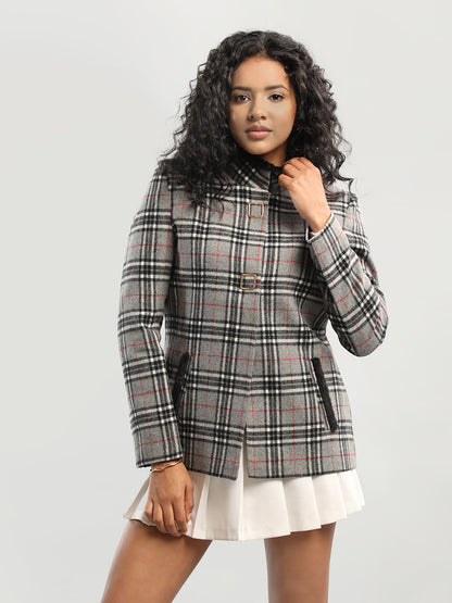 HONNETE Checked Mock Collar Overcoat